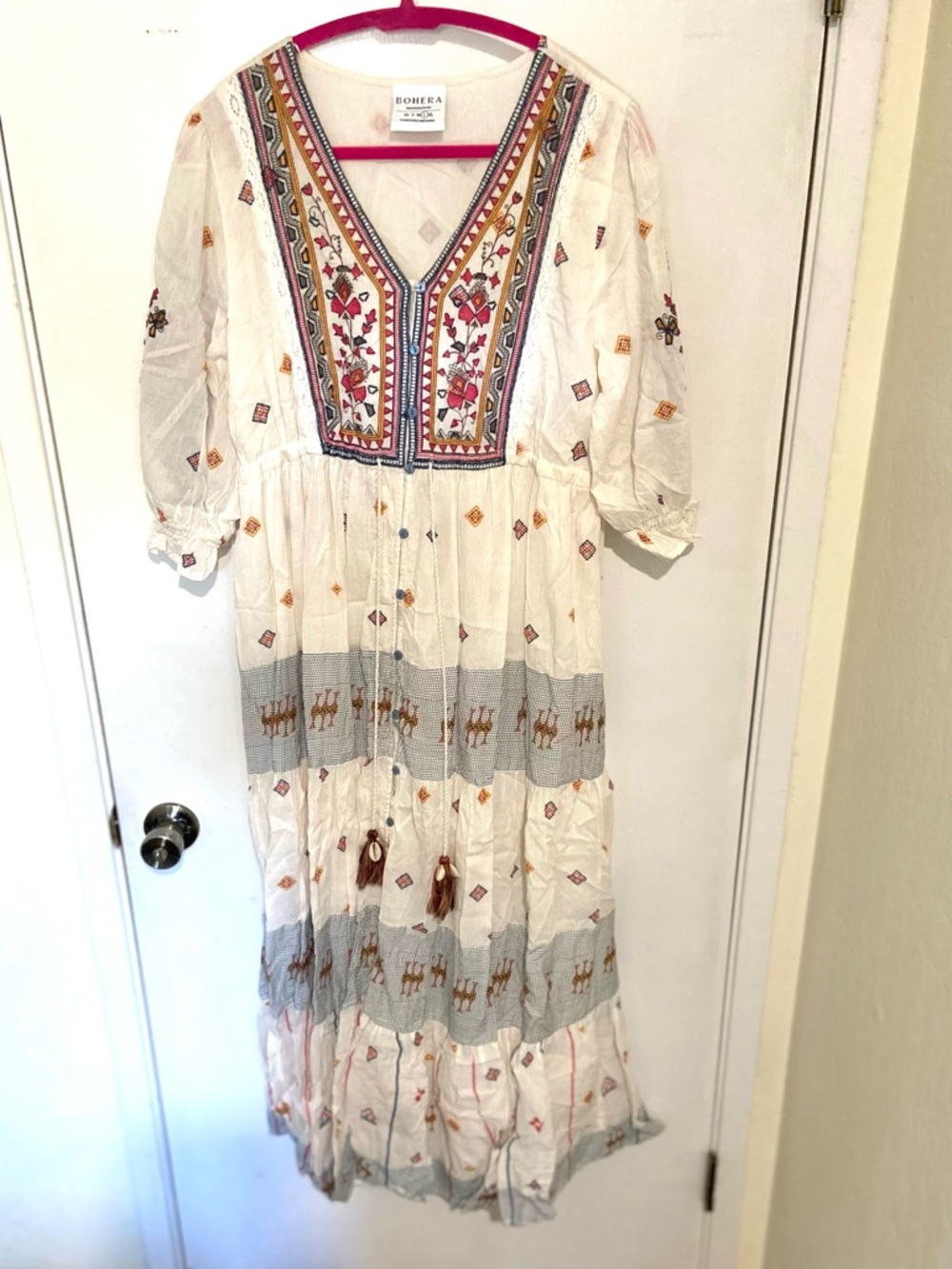 Embroidered Cream Maxi Dress with V-Neck Tassel Tie - Picture 6 of 9